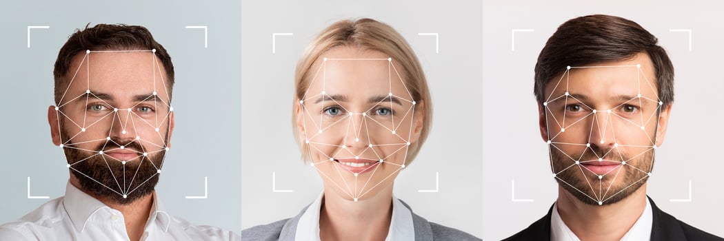 Three diverse faces are featured, demonstrating advanced facial identification technology. photo