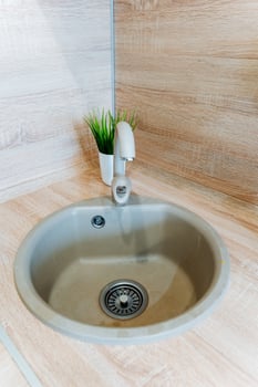 Plumbing fixture with a faucet and a potted plant on the kitchen sink counter photo