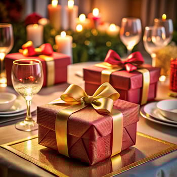 Gift exchange celebration festive dinner table holiday decor cozy indoor close-up view joyful gathering photo