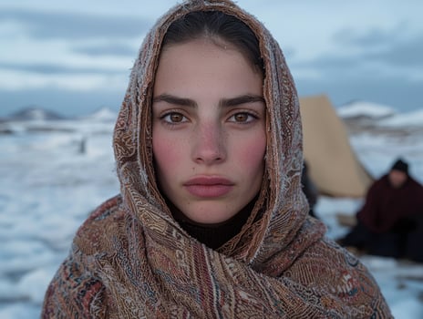 Portrait of a woman in a brown shawl in a snowy landscape photo