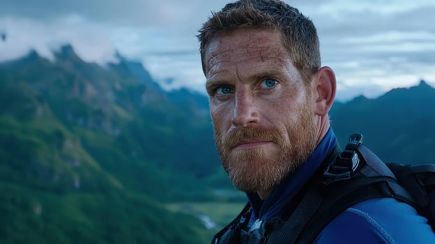 Close up portrait of a man with a beard and blue eyes, standing in front of a mountain range photo