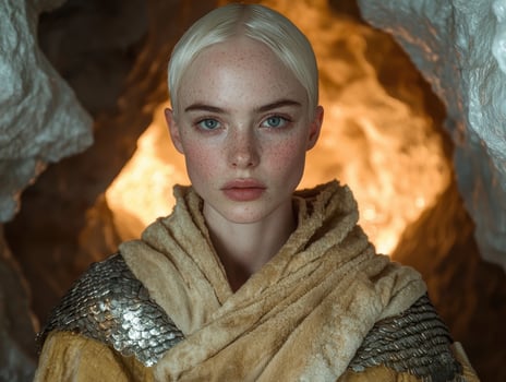 Futuristic female warrior in a cave photo