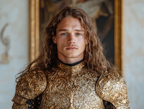 Portrait of a young man in ornate gold armor photo