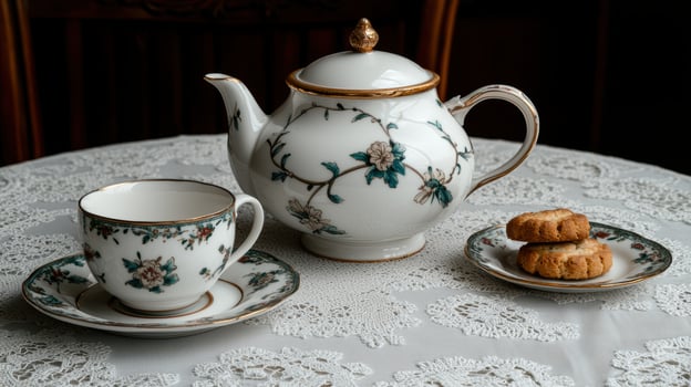 Elegant tea set with floral pattern and delicate cookies on a lace tablecloth photo
