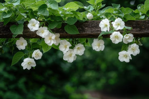 White flowers hanging from a wooden fence photo