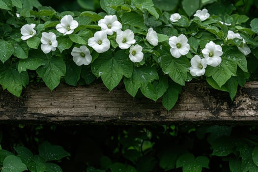 White flowers blooming on a rustic wooden fence photo