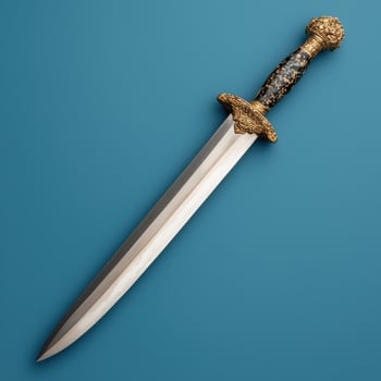 Ornate dagger with gold handle and silver blade on blue background photo