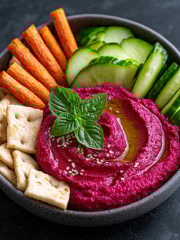 Vibrant beetroot hummus bowl with carrot sticks, cucumber, and pita bread photo