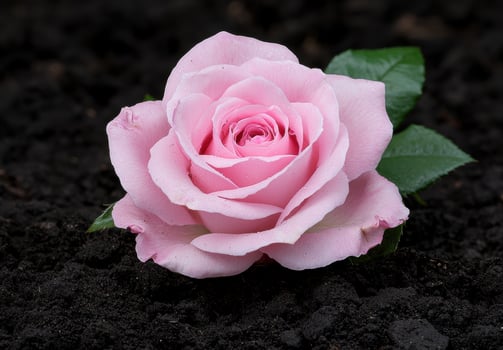 Single pink rose on dark soil photo