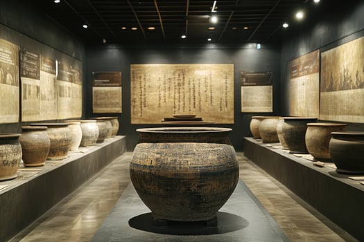 Ancient clay pots preserved in modern museum setting exhibiting cultural heritage photo