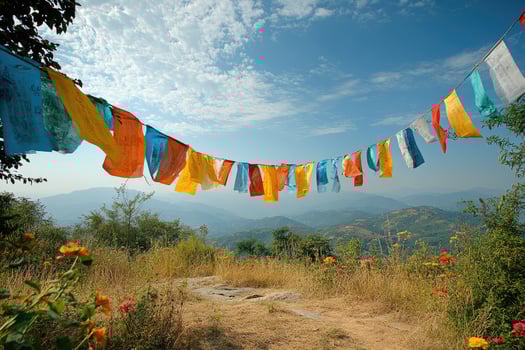Colorful prayer flags hanging over scenic mountain view photo