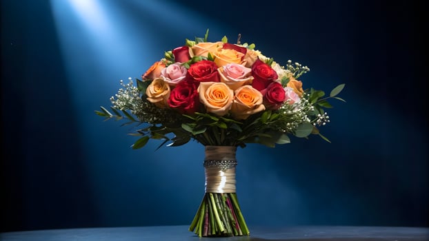 Elegant bouquet of roses under spotlight on dark blue background. photo