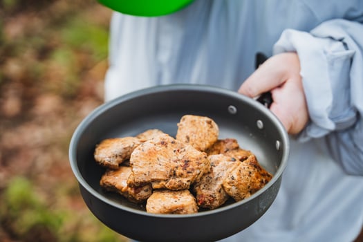 Enjoy an unforgettable outdoor cooking adventure with delicious grilled chicken bites in the captivating beauty of nature with loved ones photo