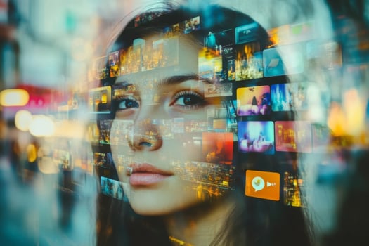 Woman surrounded by social media content, double exposure photo