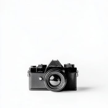 Retro camera, minimalist studio, white backdrop, photography photo