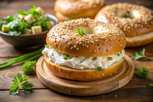 bagel sandwich with cream cheese and green salad on wooden table photo