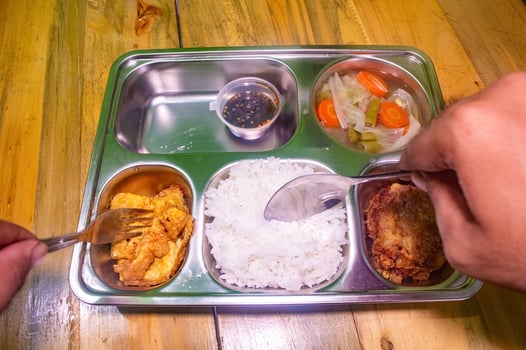 A stainless steel lunch tray with rice, fried tofu, vegetables, and a fried patty. Hands are holding a fork and spoon, ready to eat. Ideal for concepts of free or nutritious meals photo