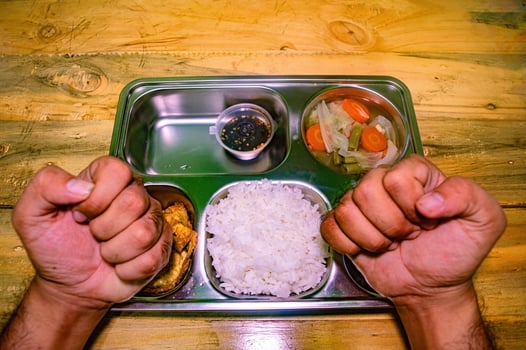 A stainless steel lunch tray with rice, fried chicken, vegetables, and sauce, held by hands with a fork and spoon crossed over the rice, symbolizing a nutritious free lunch photo