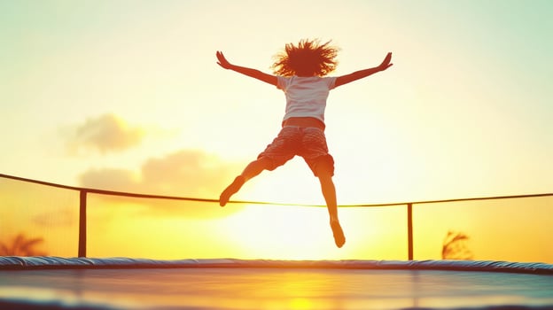 Jumping on trampoline at sunset, joyful moment filled with motion and energy photo