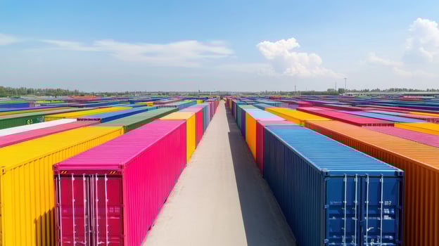 Vibrant shipping containers in logistics hub under clear blue sky photo