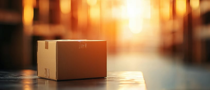 close up of cardboard box in warehouse with warm sunlight photo