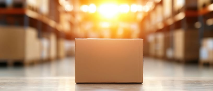 close up of shipping box in warehouse with blurred background, illuminated by sunlight photo