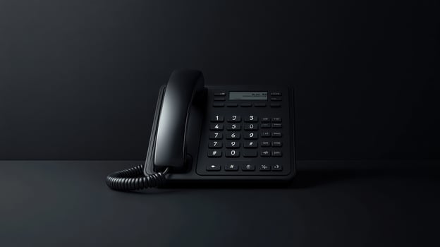 Black landline telephone placed on a dark surface in a minimalist setting showcasing design and function photo