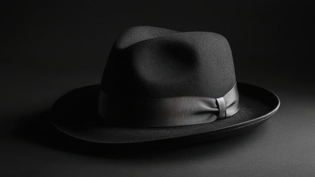 Classic black fedora hat resting on a dark surface with soft lighting highlighting its shape and texture photo