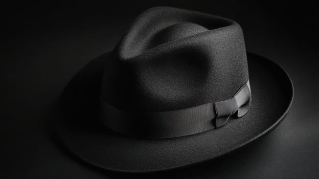 Timeless elegance of a classic black fedora hat showcased against a dark backdrop in a stylish fashion display photo