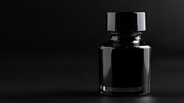 Black ink bottle stands out against a dark background, showcasing sleek design and glossy finish, perfect for artistic creations photo