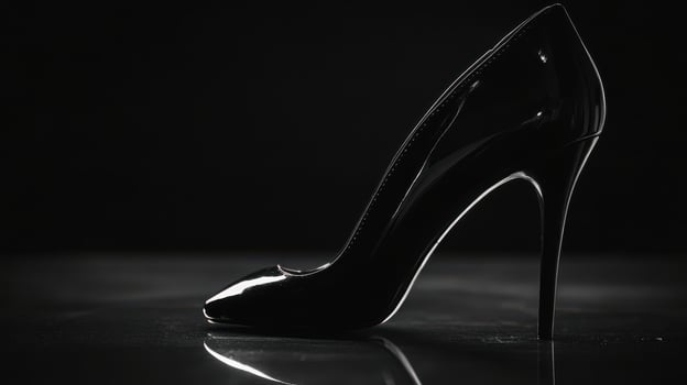 Elegant black high heel shoe silhouette against dark background showcasing stylish design and sophistication photo