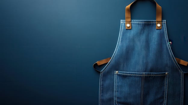 Denim apron hanging against a dark blue background, perfect for culinary or crafting activities at home or in a studio photo