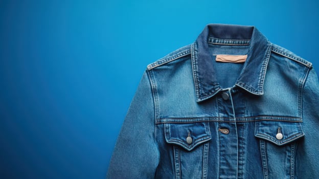 Denim jacket placed against a solid blue background highlighting texture and design photo