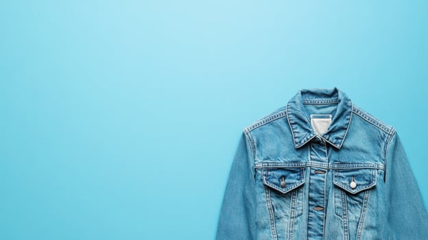 Casual denim jacket displayed against a light blue background showcasing modern fashion trends photo