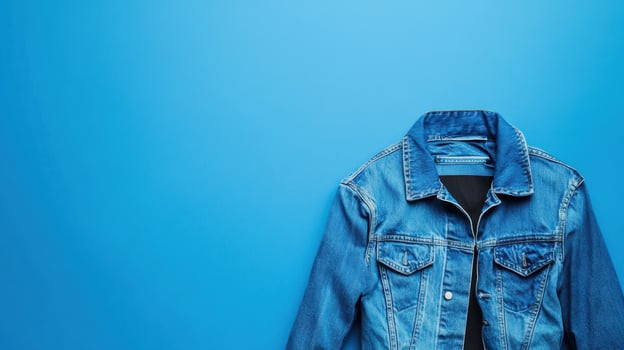 Denim jacket displayed against a vibrant blue background perfect for fashion enthusiasts and trendsetters photo