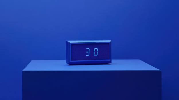 Digital clock displaying time in a serene blue setting on a minimalist platform photo