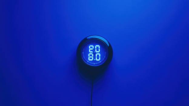 Digital display with blue background showing temperature and humidity readings in a modern environment photo
