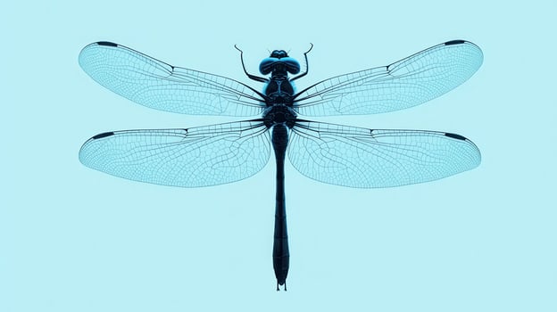 Detailed close-up of a dragonfly showcasing its intricate wings against a soft blue background photo