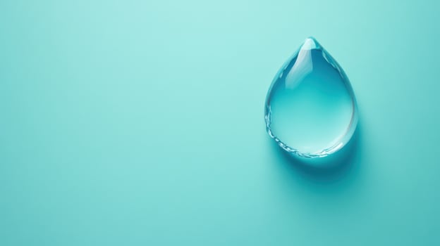 Water droplet resting on a light blue surface, reflecting soft light in a serene setting during the daytime photo