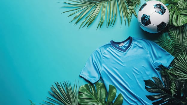 Bright blue soccer jersey and ball among tropical leaves on vibrant turquoise background photo