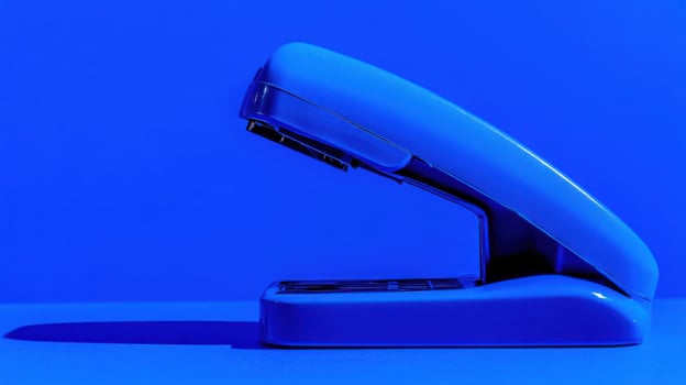 Bright blue stapler on a vivid blue background captured in a minimalistic style highlighting its design and color photo