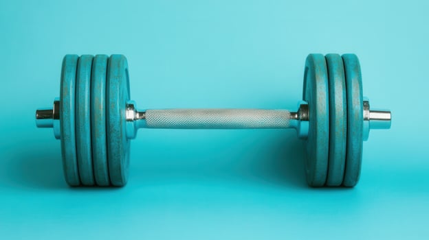 Heavy dumbbell resting on a bright blue background, showcasing workout equipment for fitness enthusiasts and strength training photo