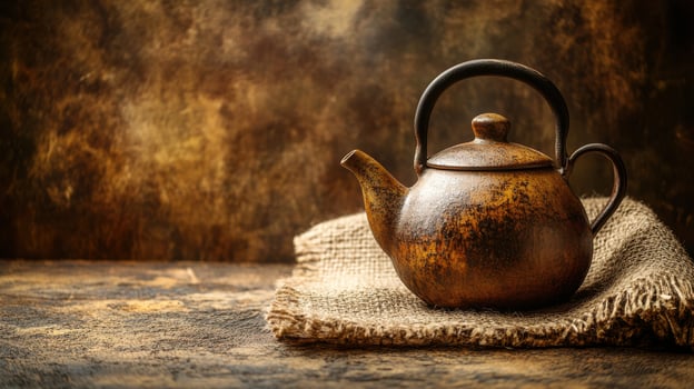 A teapot on a cloth on a wooden table photo