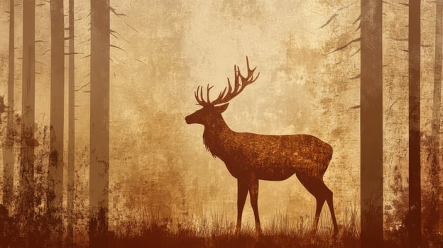 Silhouetted deer standing among tall trees in a misty forest at dusk photo