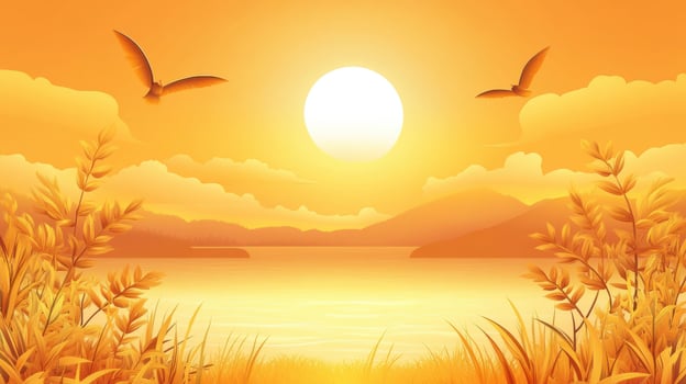 Golden sunset over tranquil lake with silhouettes of birds soaring in the sky and gentle hills in the background creating a serene landscape photo