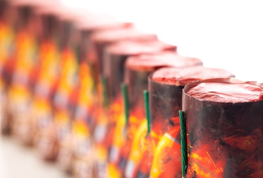 Many firecrackers flying fireworks, close-up, macro. Safety precautions for pyrotechnic explosions. Fireworks Explosion Safety photo