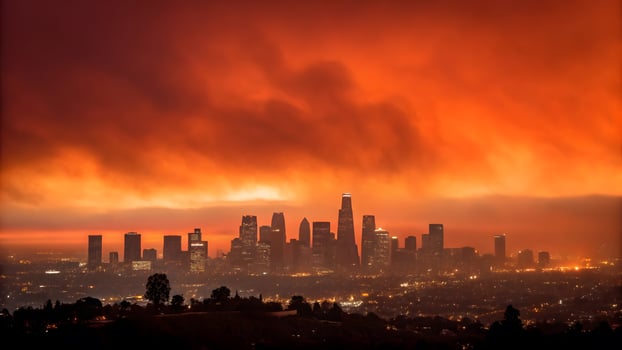 City skyline illuminated as fiery orange clouds dominate the sky. Silhouetted skyscrapers and urban lights create a striking contrast photo