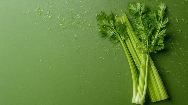 Fresh celery stalks with water droplets on a green surface highlighting healthy eating choices photo