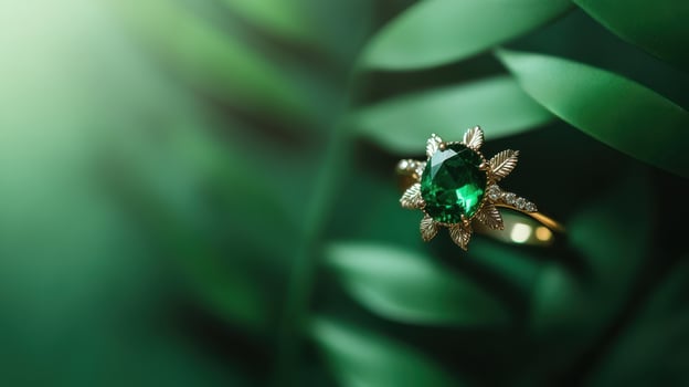 Elegant green gemstone ring surrounded by lush leaves in a serene natural setting photo