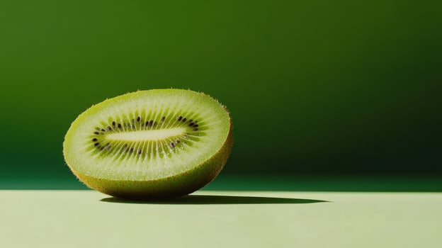Freshly cut kiwi fruit sits on a green surface under soft lighting photo